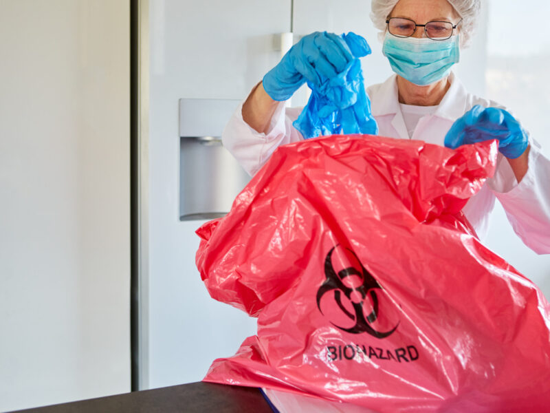 An older female cleaner wearing a facemask and gloves drops used PPE into a biohazard bag